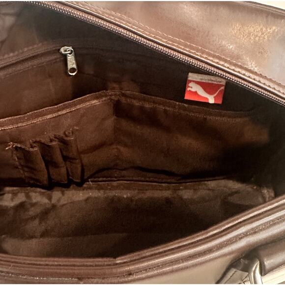 80s 90s Retro Puma Vinyl Brown Messenger Bag Purse Small Duffel - Picture 14 of 16